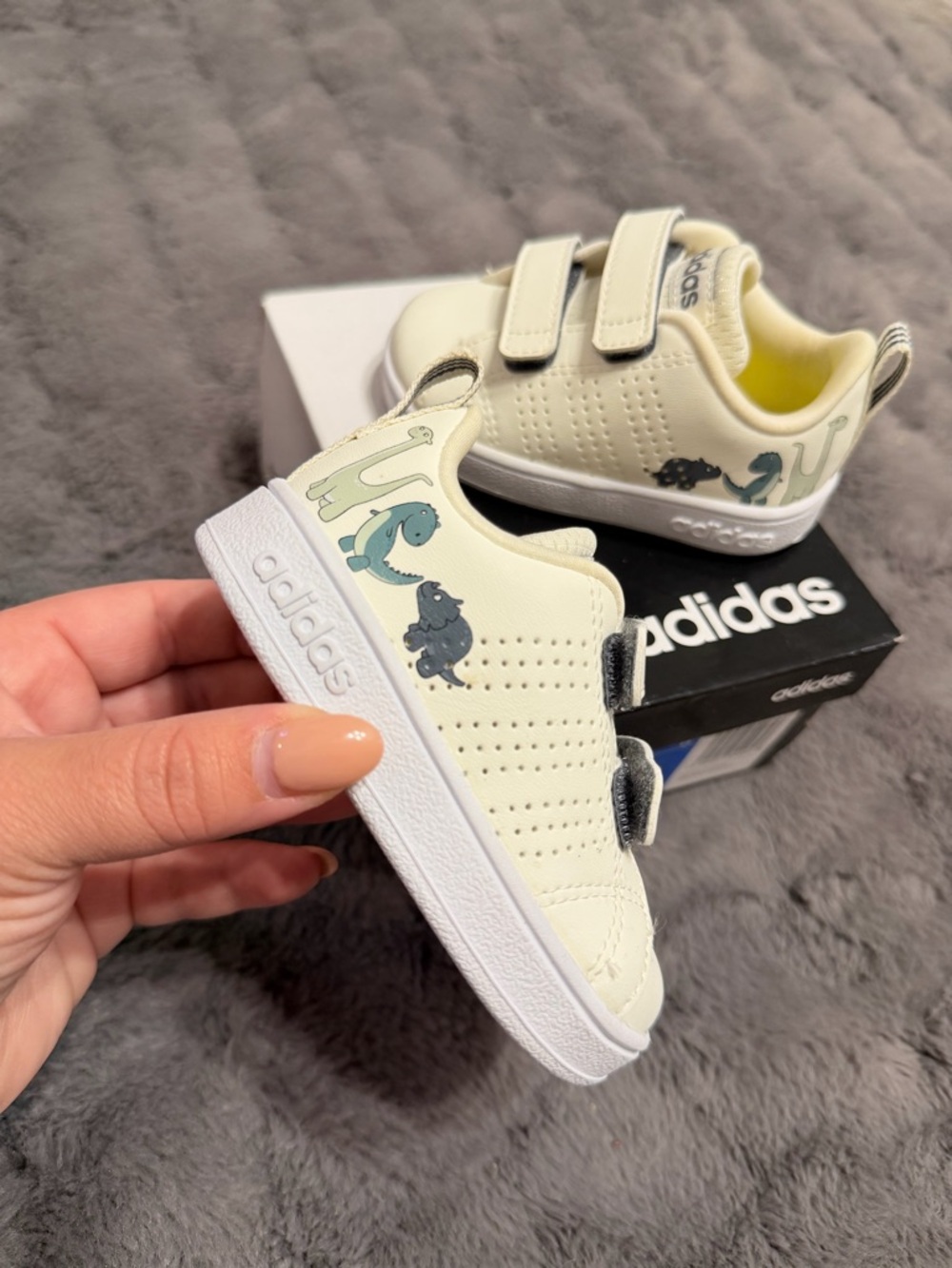 adidas Kids Cream Sneakers with Blue & Gray Dino Accents